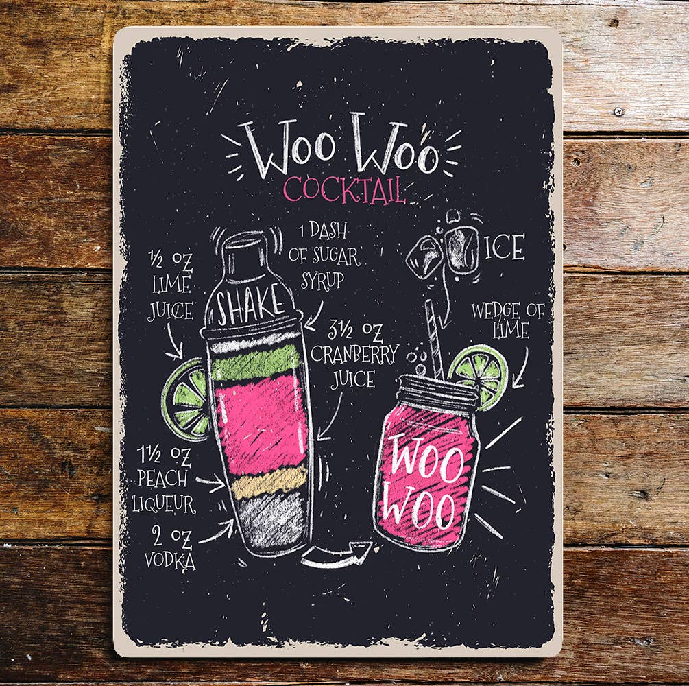Woo Woo CocktaiI Ingredients Shaker | Metal Sign Plaque