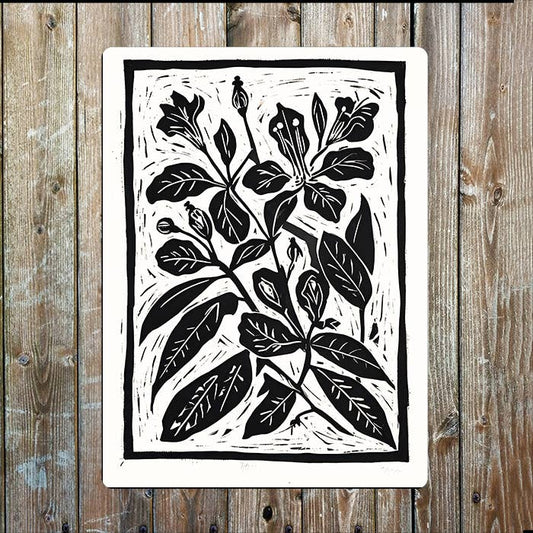Fuchsia Flowers Linocut Style | Metal Sign Plaque