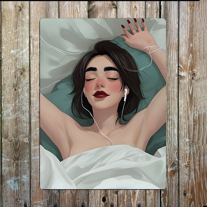 Sleeping Women in Bed with Headphones Metal Sign Plaque