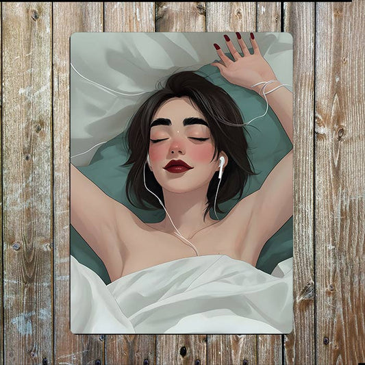 Sleeping Women in Bed with Headphones Metal Sign Plaque