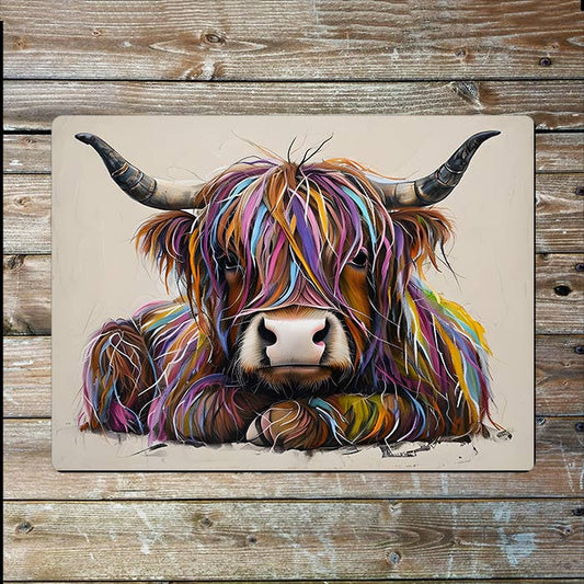 Highland Cow Vibrant Colourful Fur | Metal Sign Plaque
