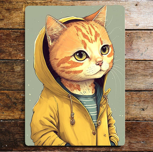 Cute Tiger Cat Jumper Yellow Coat | Metal Sign Plaque