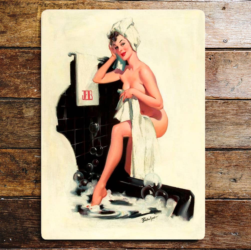 Pin Up Girl Getting In Bath Tub Metal Sign