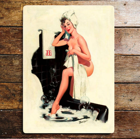 Pin Up Girl Getting In Bath Tub Metal Sign