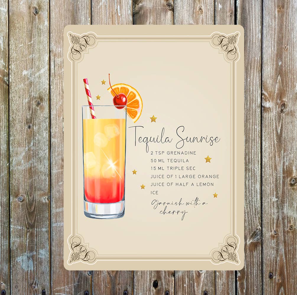 Tequilla Sunrise Recipe Cocktail Decor Metal Sign Plaque