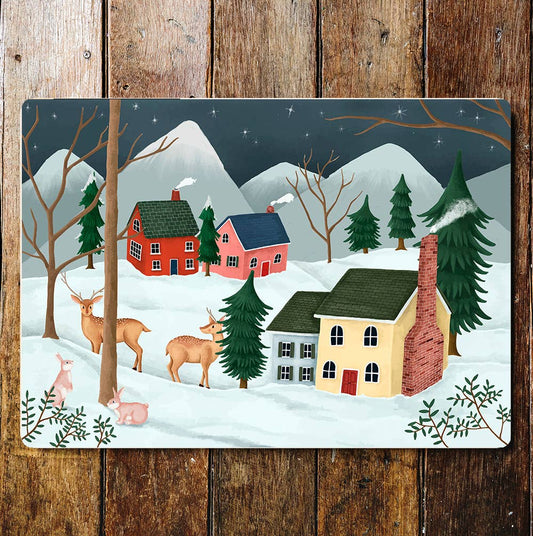 Winter village cold snow town Wall | Metal Sign Plaque