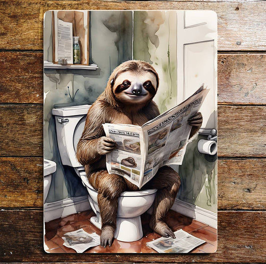Sloth Newspaper On the Toilet Bathroom | Metal Sign