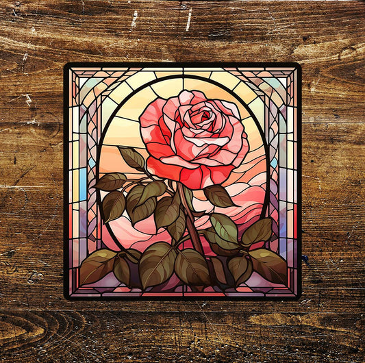 Pink Red Rose Stained-Glass Affect | Metal Sign Plaque Square