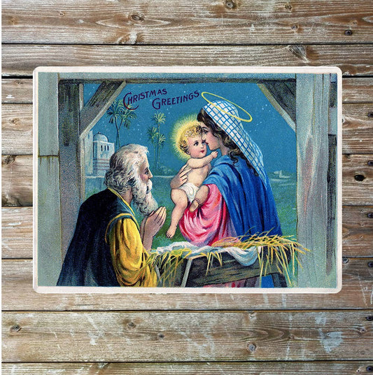 Christmas Greetings Stable Manger Scene | Metal Sign Plaque