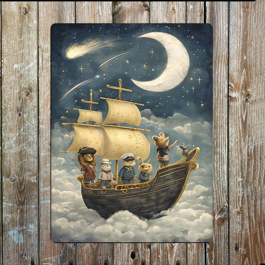 Ship With Animal Crew Sailing Dreamy Sky Metal Sign Plaque