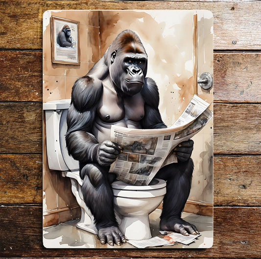 Gorilla on the Toilet Newspaper Jungle | Metal Sign Plaque