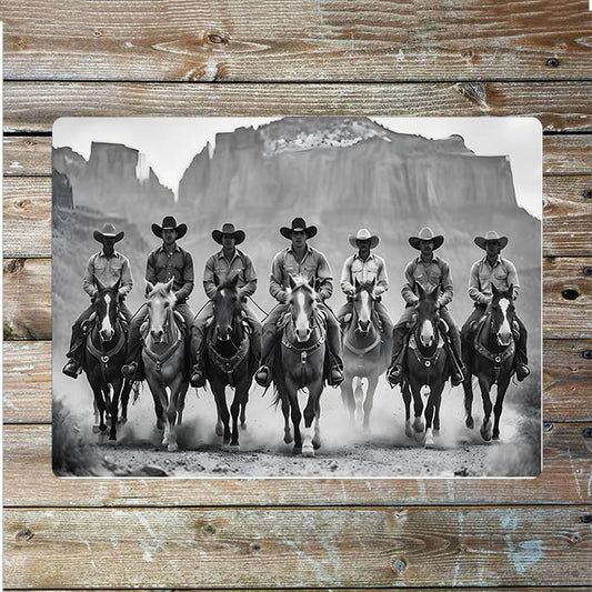 Seven Cowboys Riding Horse Western Art Metal Sign Plaque