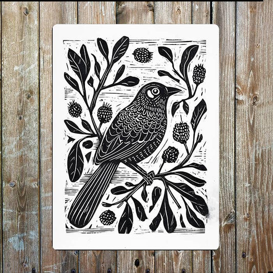 Bird Botanical Branch Linocut Style | Metal Sign Plaque