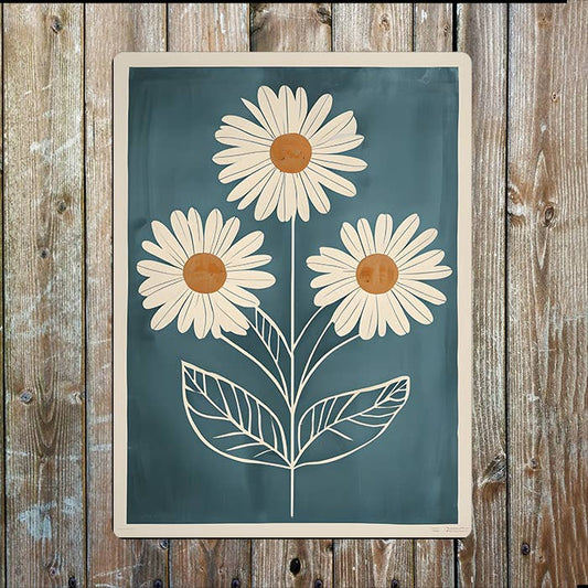 Floral Print Cream Daisy Flowers Blue Metal Sign Plaque