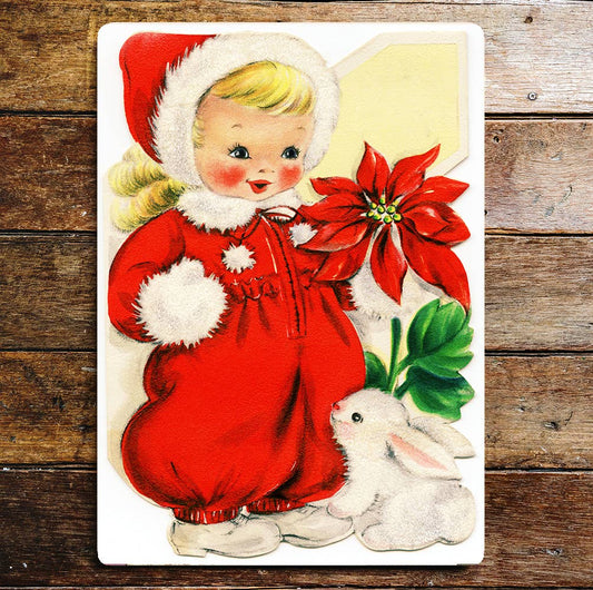 Cute Little Girl Red Suit Christmas Time | Metal Sign Plaque