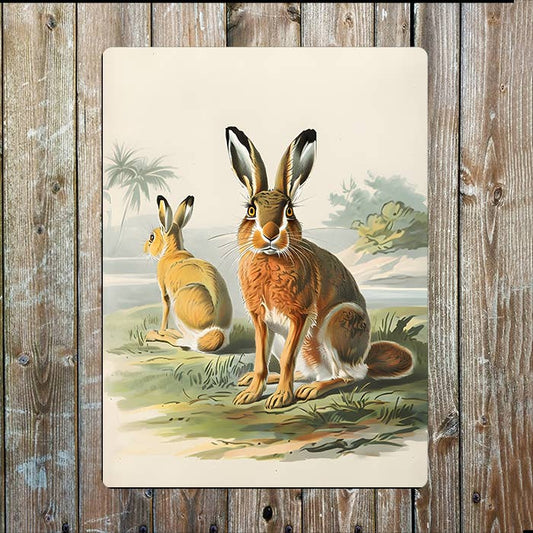 Vintage Two Hares Grass Terrain | Metal Sign Plaque