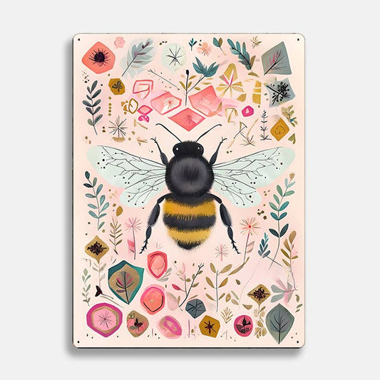 Bee Floral Pattern scandinavian folk | Metal Sign Plaque