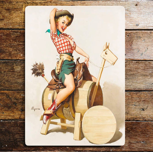 Pin Up Girl Cowgirl Wooden Horse Metal Sign