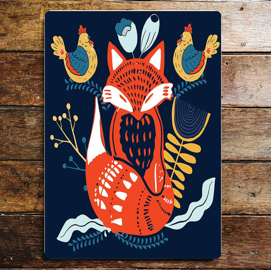 Fox hen chicken leaves yellow | Metal Sign plaque