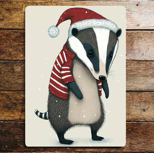 Cute Badger Christmas Hat Jacket | Metal Sign Plaque