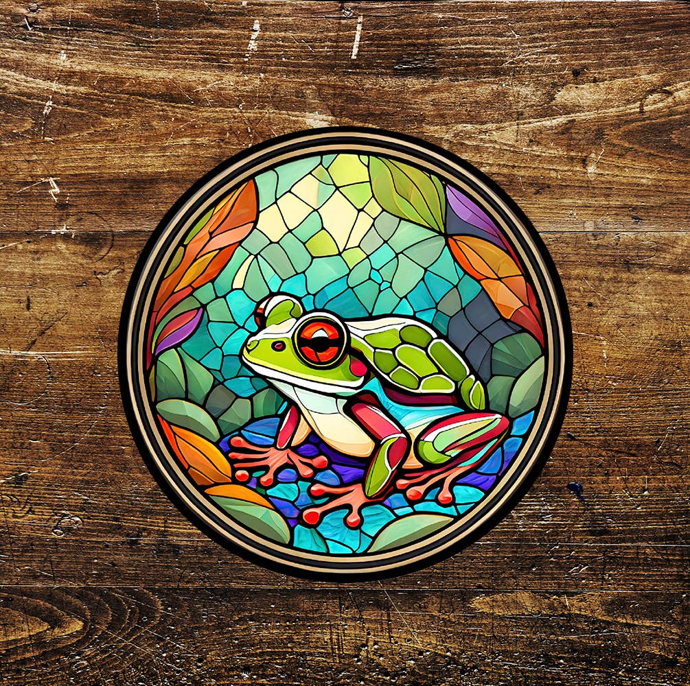 Frog smaller Stained Glass affect Circle Metal Sign