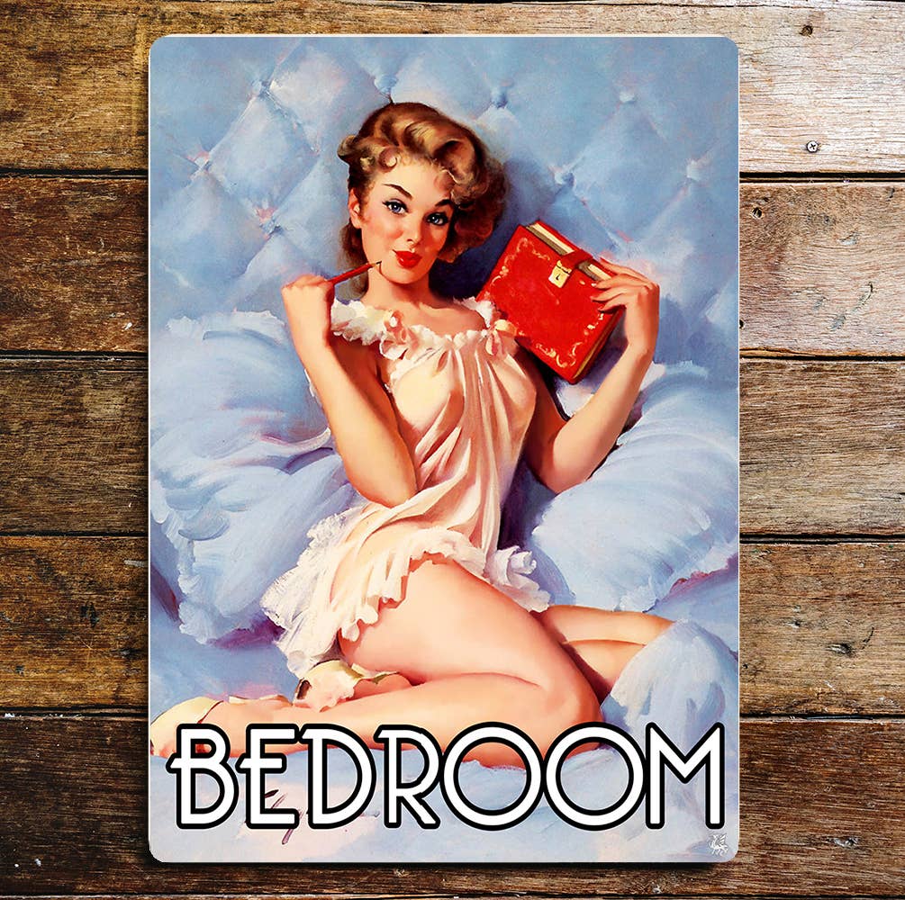 Pinup Girl Bed Bedroom Metal Wall Sign Plaque