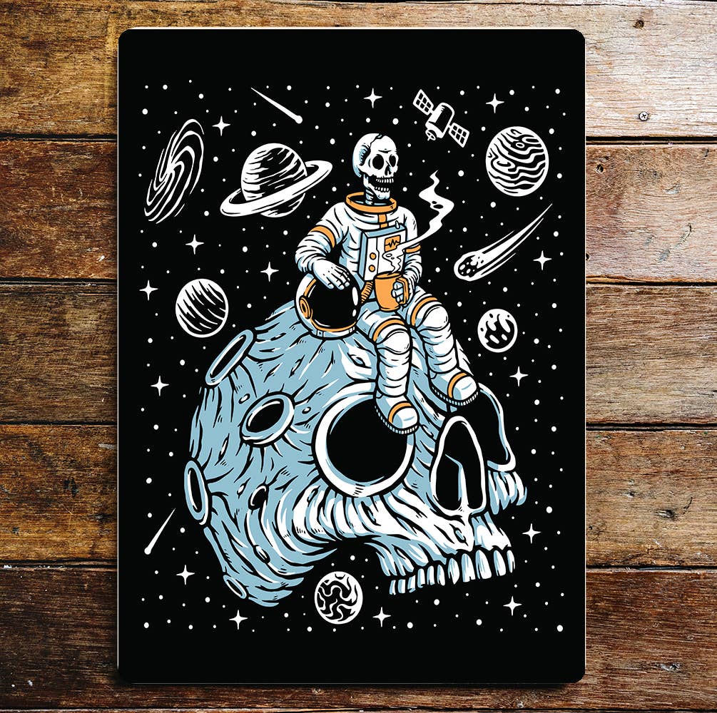 Skull Skeleton Astronaut Space Moon Metal Wall Sign