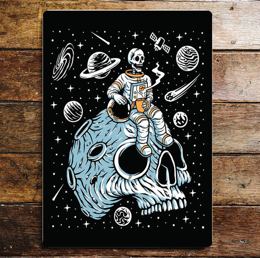 Skull Skeleton Astronaut Space Moon Metal Wall Sign