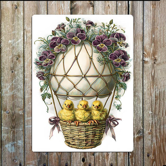 Vintage Easter Hot Air Balloon Egg Chicks | Metal Sign Plaque