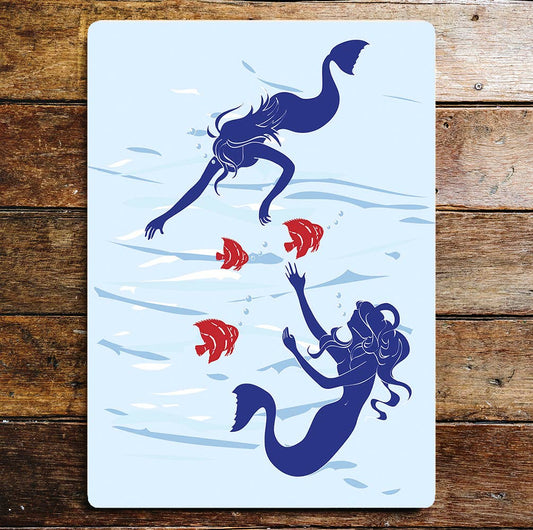 Mermaids Swimming Sea Red Fish | Metal Sign Plaque