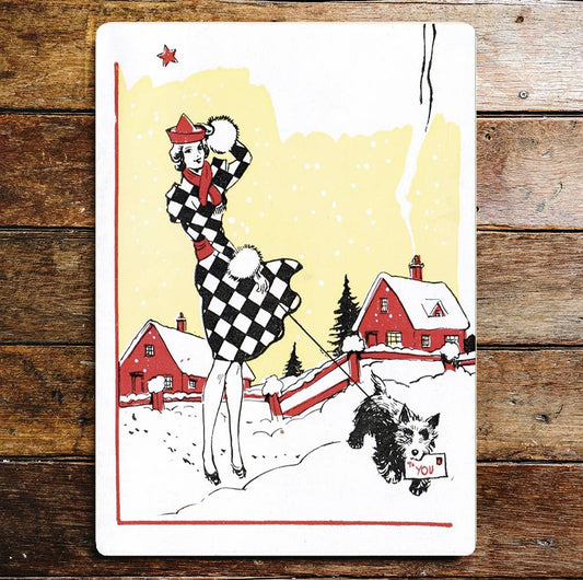 Fashion model walking dog wall art | Metal Sign Plaque