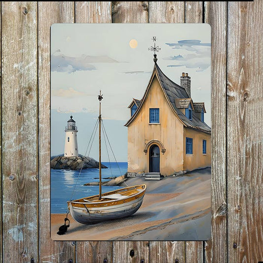 Boat House And Lighthouse Sea Nautical | Metal Sign Plaque