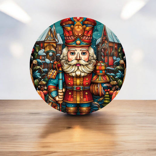 Nutcracker Stained Glass Effect Xmas Circle Metal Sign