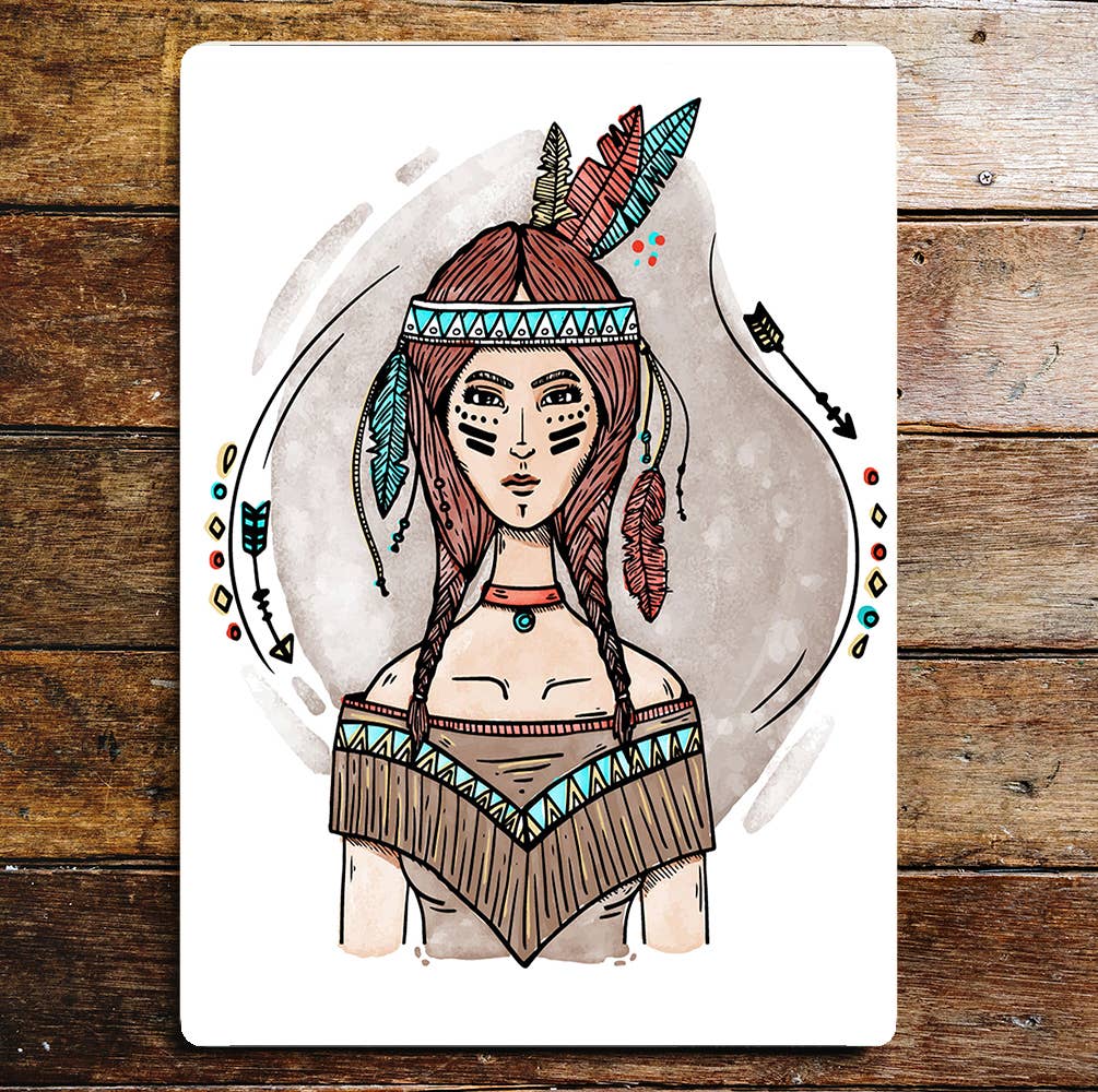 Indian Girl Squaw Head Dress Feathers | Metal Sign plaque
