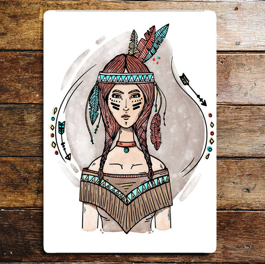Indian Girl Squaw Head Dress Feathers | Metal Sign plaque