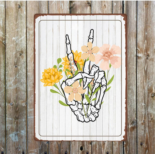 Skeleton Hand Flowers Metal Sign Plaque