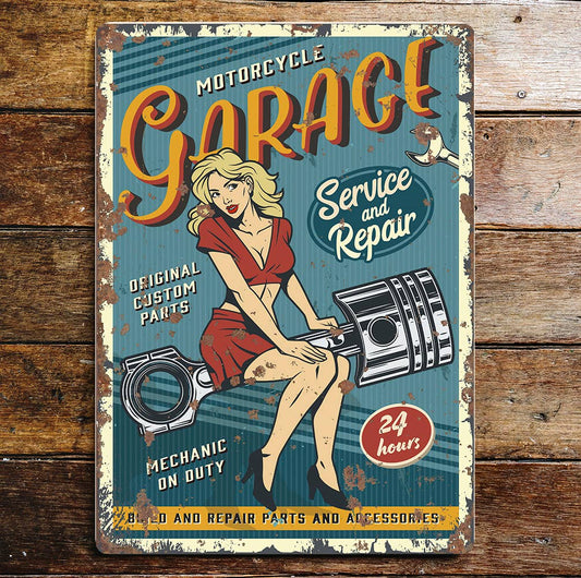 Motorcycle Garage Pin Up Girl | Metal Wall Sign Plaque