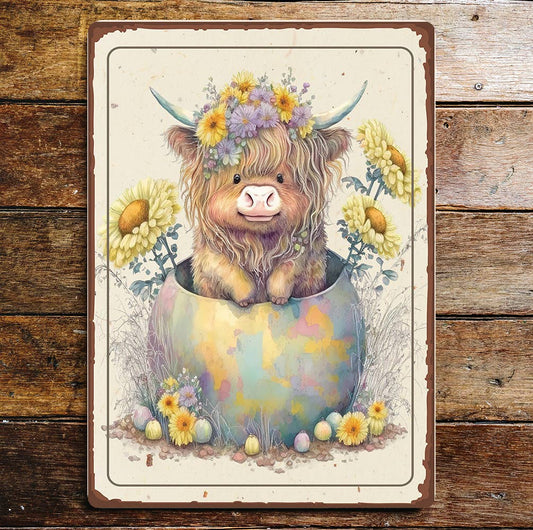 Highland Cow Cattle Easter Egg | Metal Sign Plaque