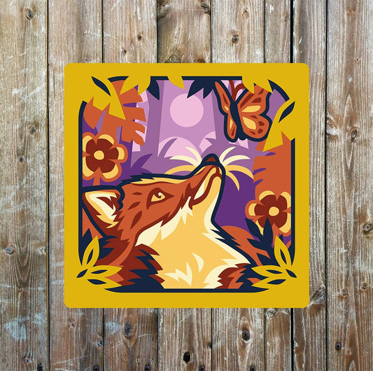 Fox and Butterfly | Metal Sign Plaque Square