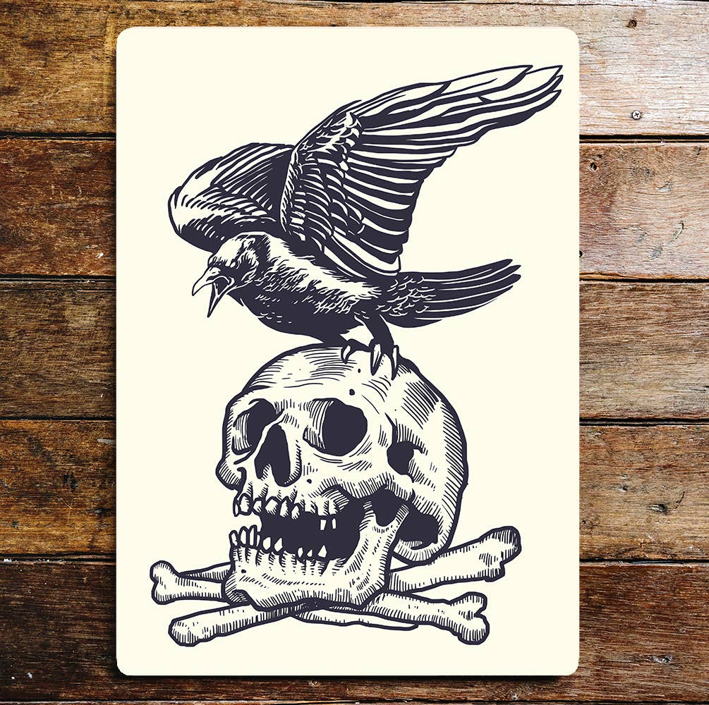 Skull And Crossbones Black Bird Metal Wall Sign
