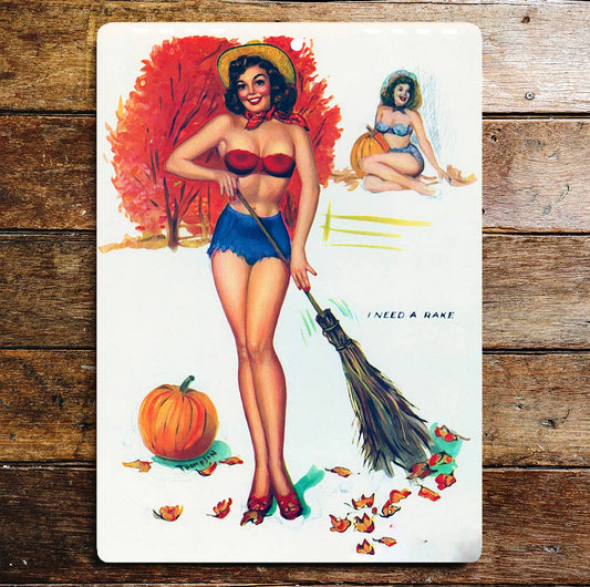 Pin Up Girl I Need A Rake Pumpkin Garden Metal Wall Sign