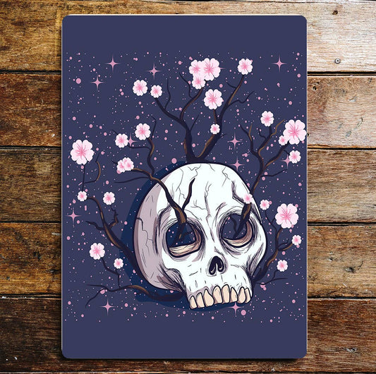 Skull Pink Cherry Blossoms Art Metal Sign Plaque