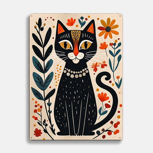 Black Cat Flowers scandinavian folk | Metal Sign Plaque