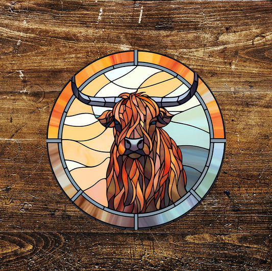 Highland cow Stained Glass Affect Circle Metal Sign