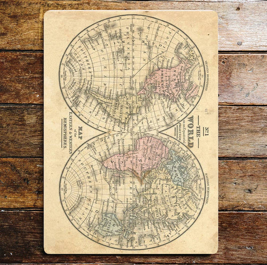 Map of Eastern and Western Hemisphere | Metal Sign Plaque