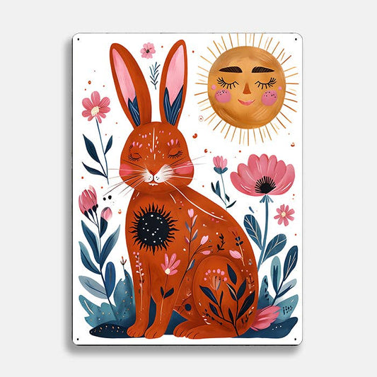 Orange Rabbit Sun scandinavian folk | Metal Sign Plaque