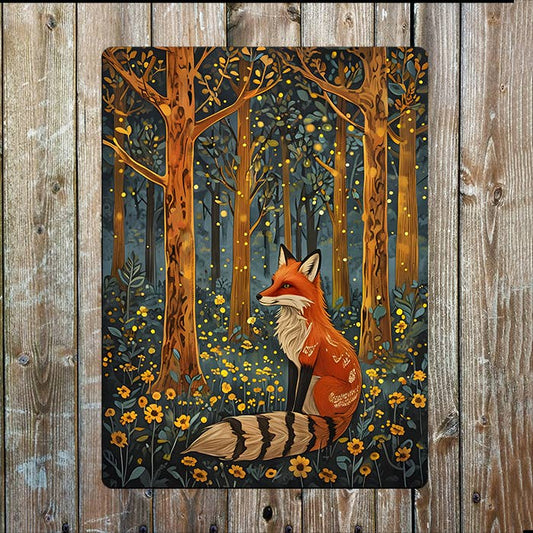 Night Forest Scene Fox Among Flowers | Metal Sign Plaque