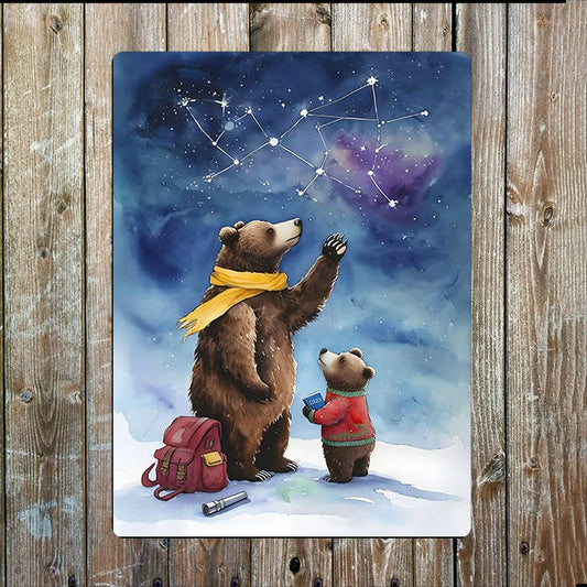 Bears Stargazing Under Dreamy Night Sky | Metal Sign Plaque