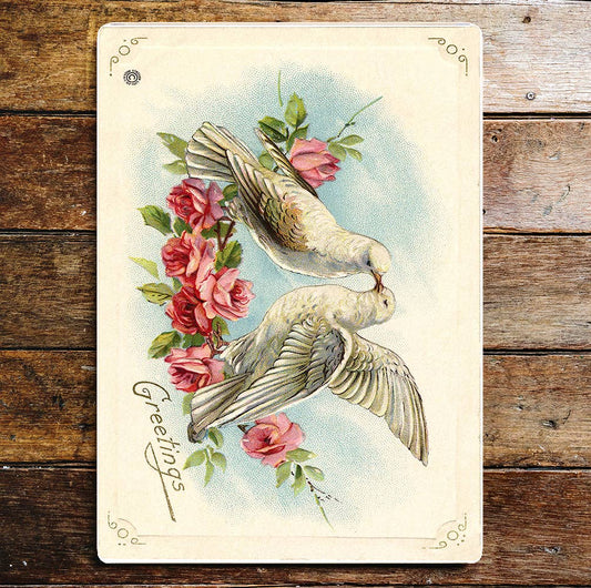 Two Kissing Doves Roses Red  | Metal Wall Sign Plaque