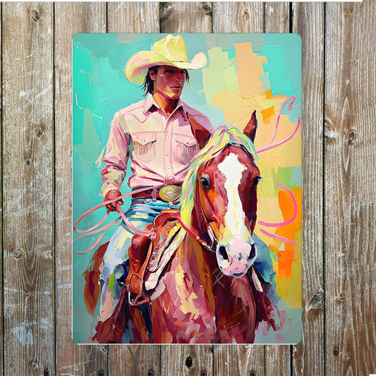 Colourful Horse Riding Cowboy Western | Metal Sign Plaque